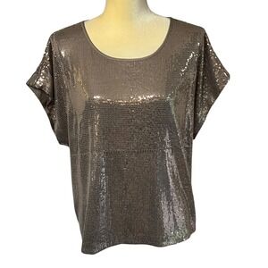 Trina Turk Sequin‎ Top Drapey Blouse Party Sparkle Shimmer Taupe Brown Size S